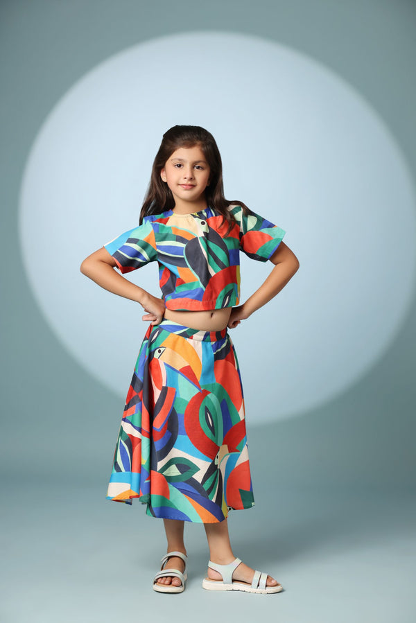 Bird Print Crop Top and Skirt Set
