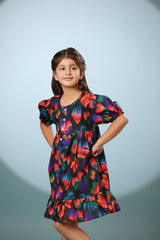 Black Floral Print Puff Sleeves Short Dress