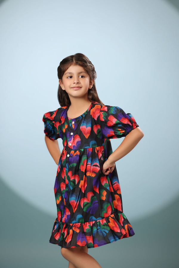 Black Floral Print Puff Sleeves Short Dress