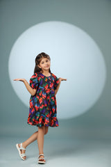Black Floral Print Puff Sleeves Short Dress
