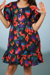 Black Floral Print Puff Sleeves Short Dress