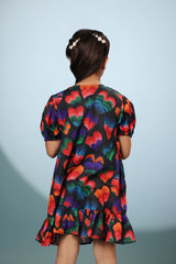 Black Floral Print Puff Sleeves Short Dress