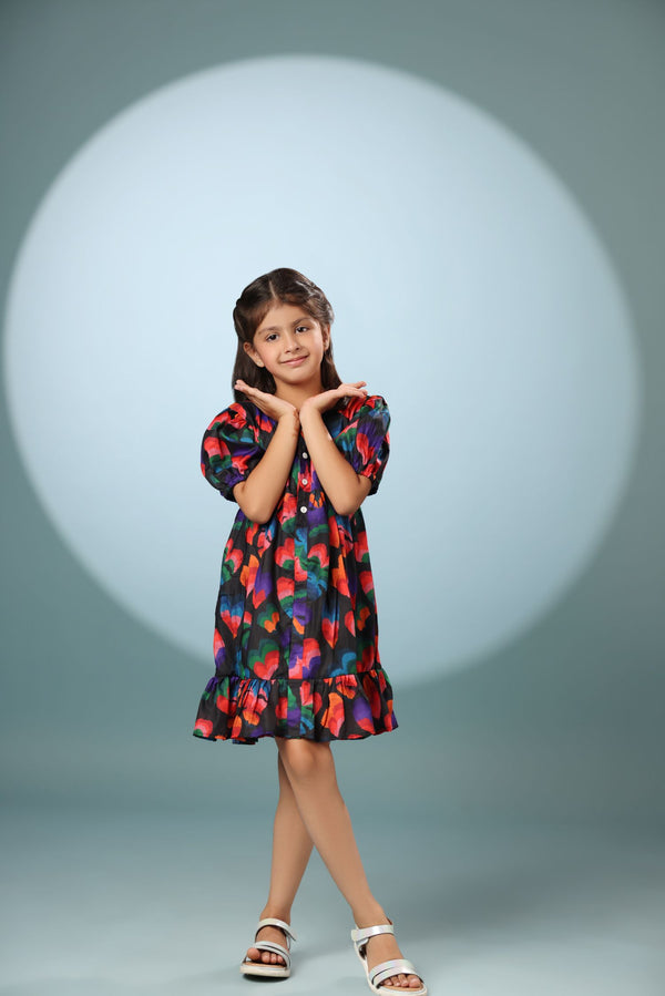 Black Floral Print Puff Sleeves Short Dress