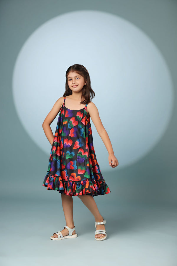 Black Floral Print Spaghetti Sleeves Dress