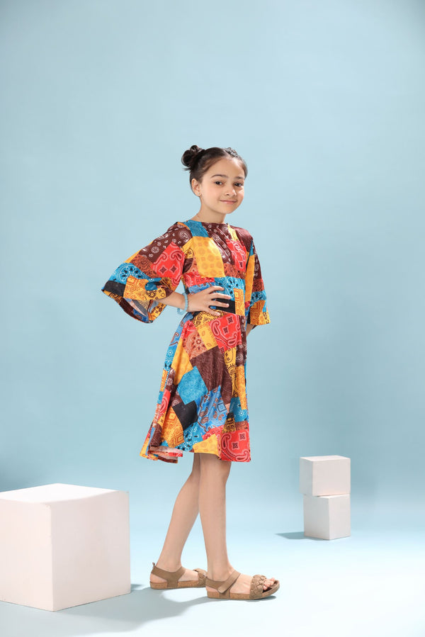 Abstract Print Cape Sleeves Frock Dress