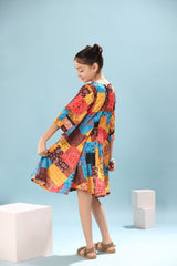 Abstract Print Cape Sleeves Frock Dress