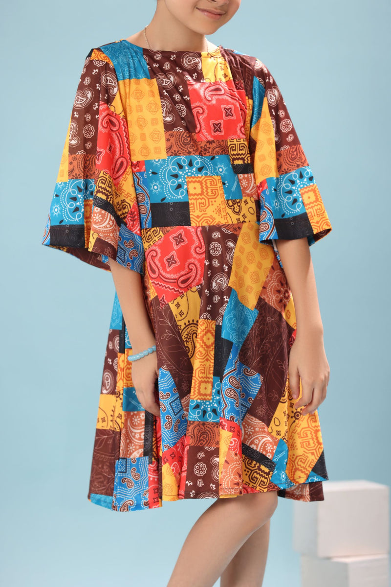 Abstract Print Cape Sleeves Frock Dress
