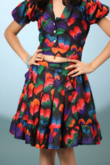 Black Floral Print Crop Top with Pleated Skirt