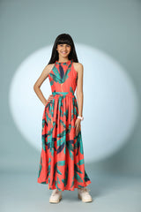 Leaf Print Halter-Neck Long Frock Dress