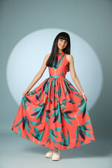 Leaf Print Halter-Neck Long Frock Dress