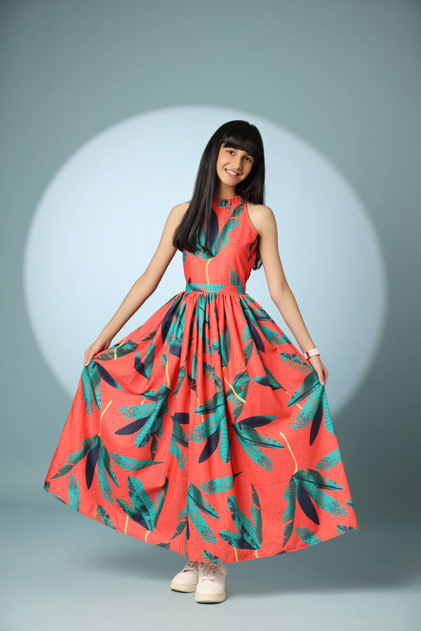 Leaf Print Halter-Neck Long Frock Dress