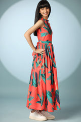 Leaf Print Halter-Neck Long Frock Dress