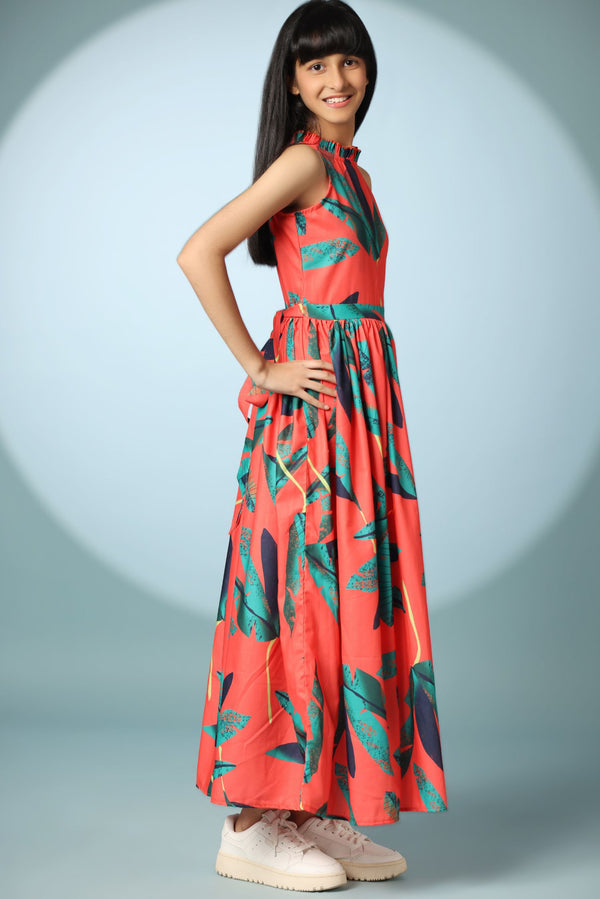 Leaf Print Halter-Neck Long Frock Dress