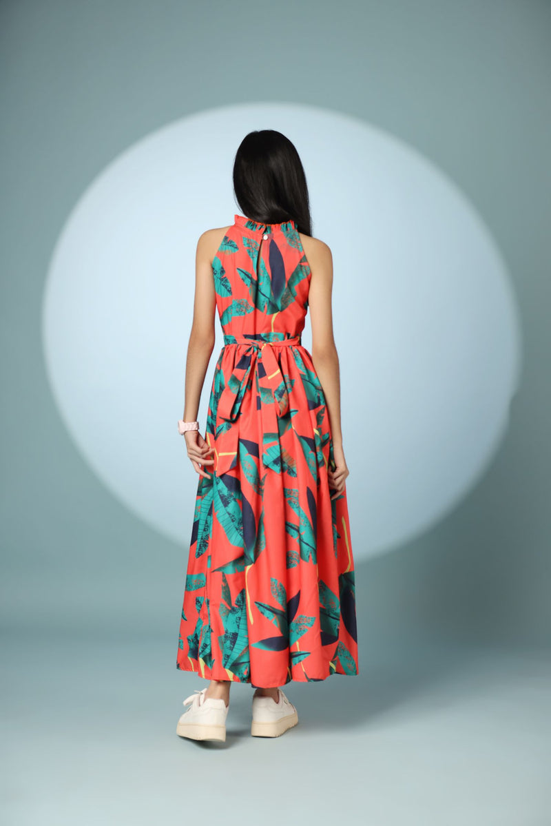 Leaf Print Halter-Neck Long Frock Dress