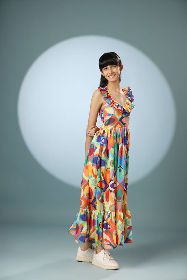 Abstract Print V-Neck Long Frock Dress