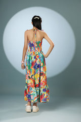 Abstract Print V-Neck Long Frock Dress