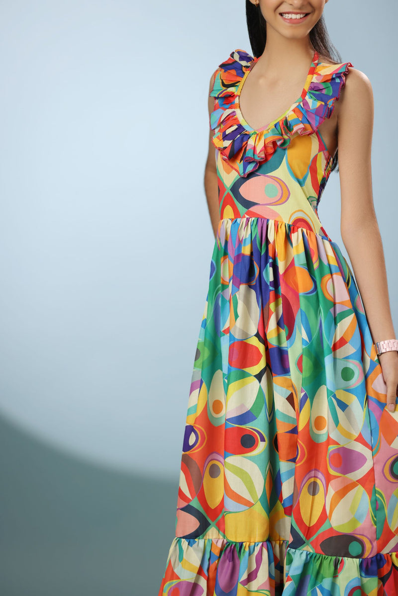 Abstract Print V-Neck Long Frock Dress