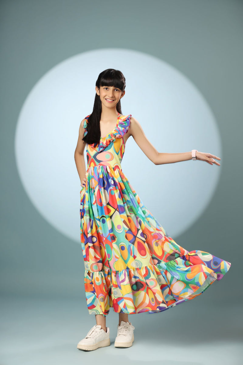 Abstract Print V-Neck Long Frock Dress