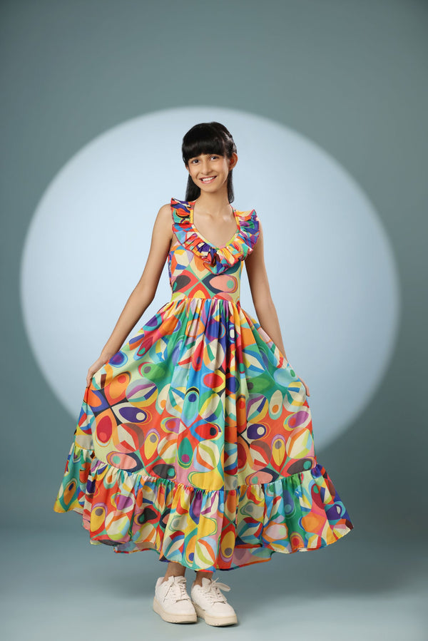 Abstract Print V-Neck Long Frock Dress