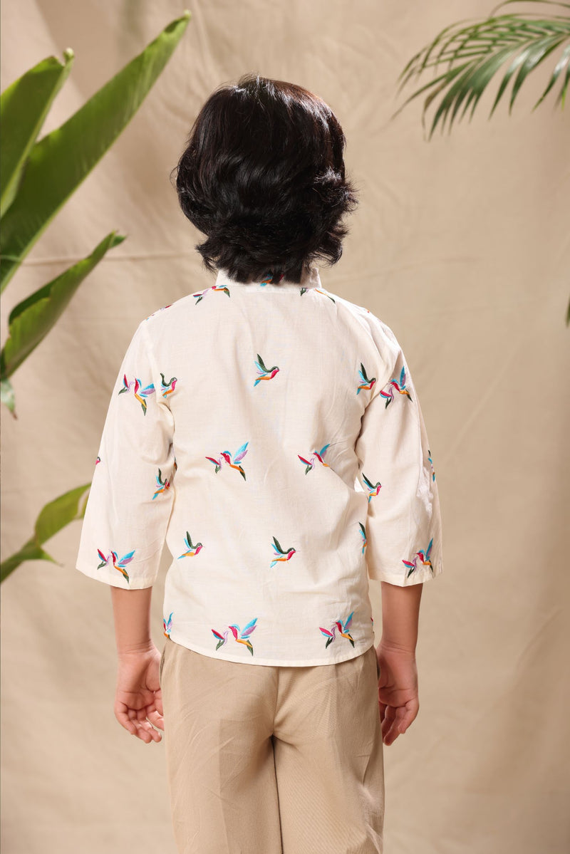 OFF WHITE BIRDS EMBROIDERED MANDARIN COLLAR SHIRT