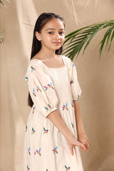 Off White Birds Embroidered Empire Line Dress with Centre Pin Tucks