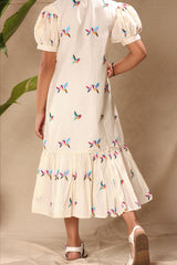 Off White Birds Embroidered Front Open Midi Dress with Puff Sleeves
