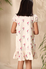 Off White Flamingo Embroidered Drop Waist Front Placket Dress