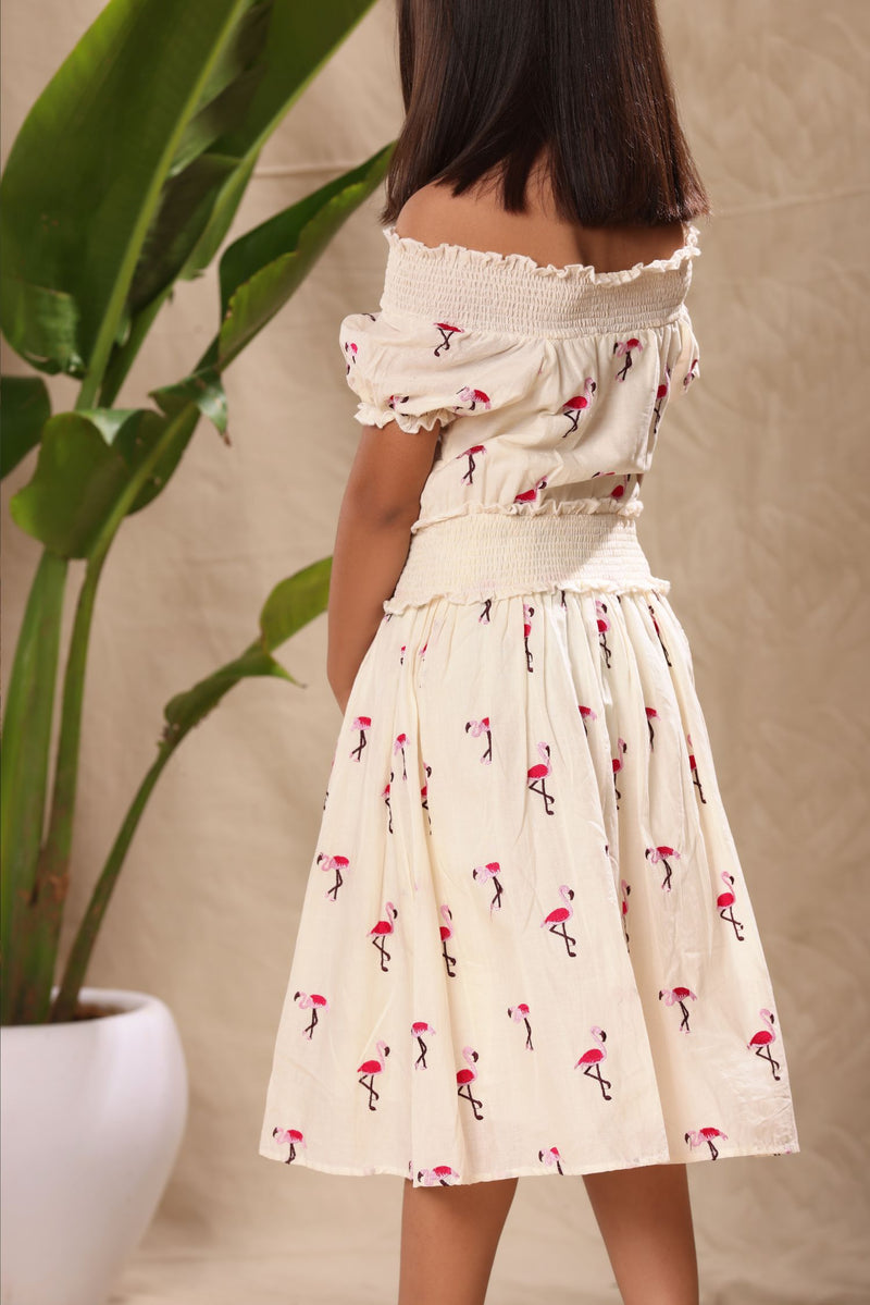 Off White Flamingo Embroidered Off Shoulder Smocked Neck Fit and Flare Dress