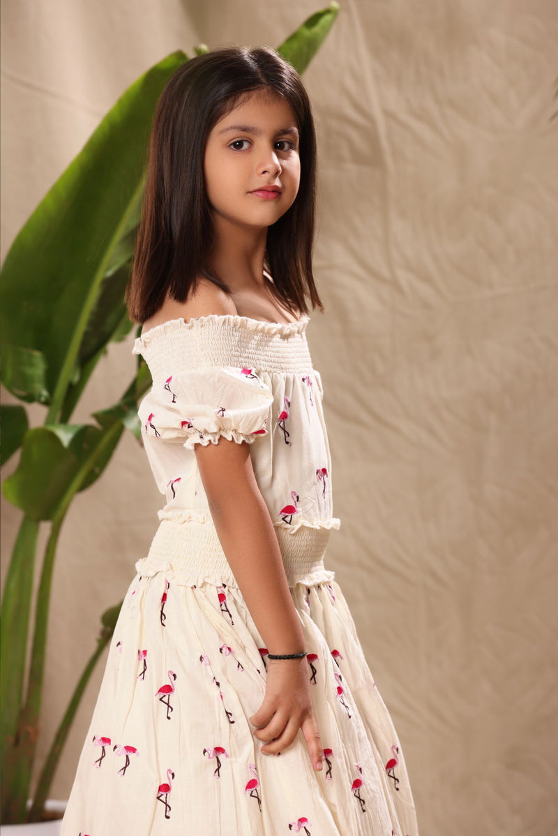 Off White Flamingo Embroidered Off Shoulder Smocked Neck Fit and Flare Dress