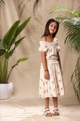 Off White Flamingo Embroidered Off Shoulder Smocked Neck Fit and Flare Dress