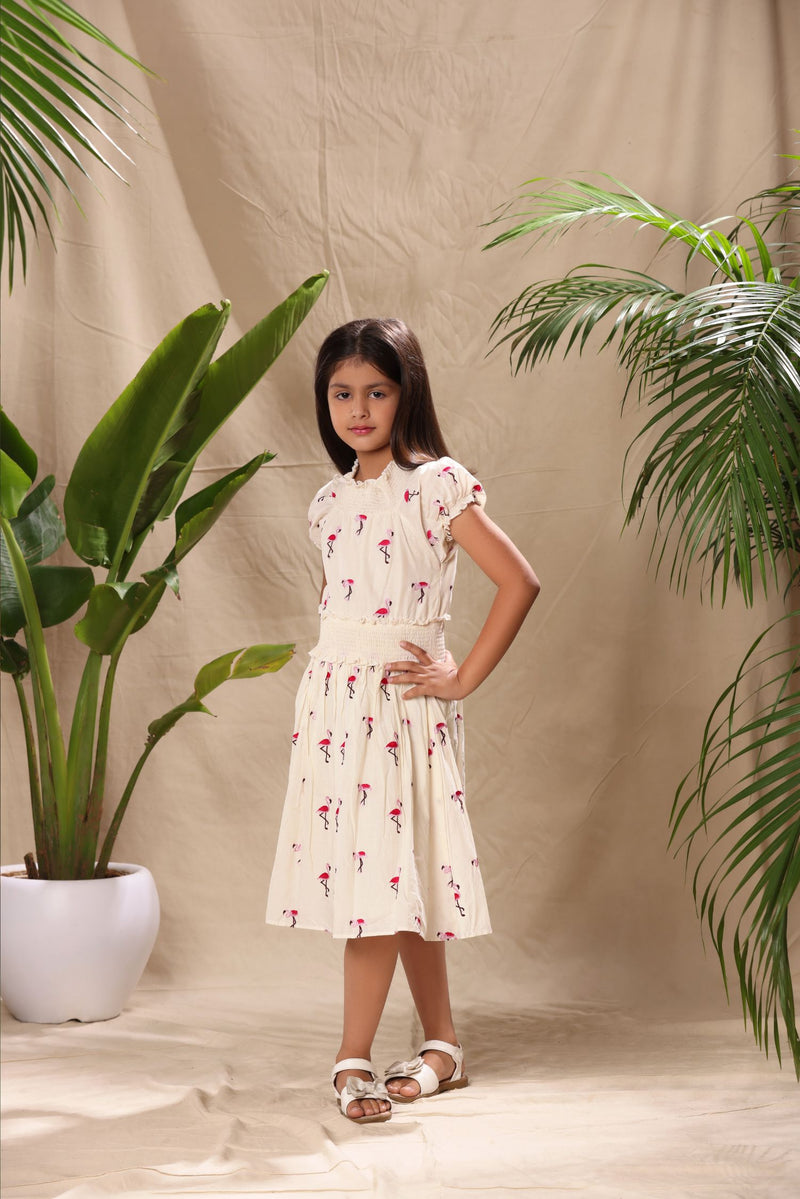 Off White Flamingo Embroidered Off Shoulder Smocked Neck Fit and Flare Dress