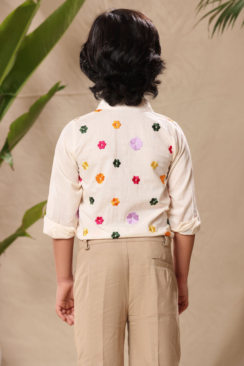 Off White Floral Embroidered Classic Shirt