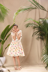 Off White Floral Embroidered Flutter Sleeve Side Placket Fit and Flare Dress