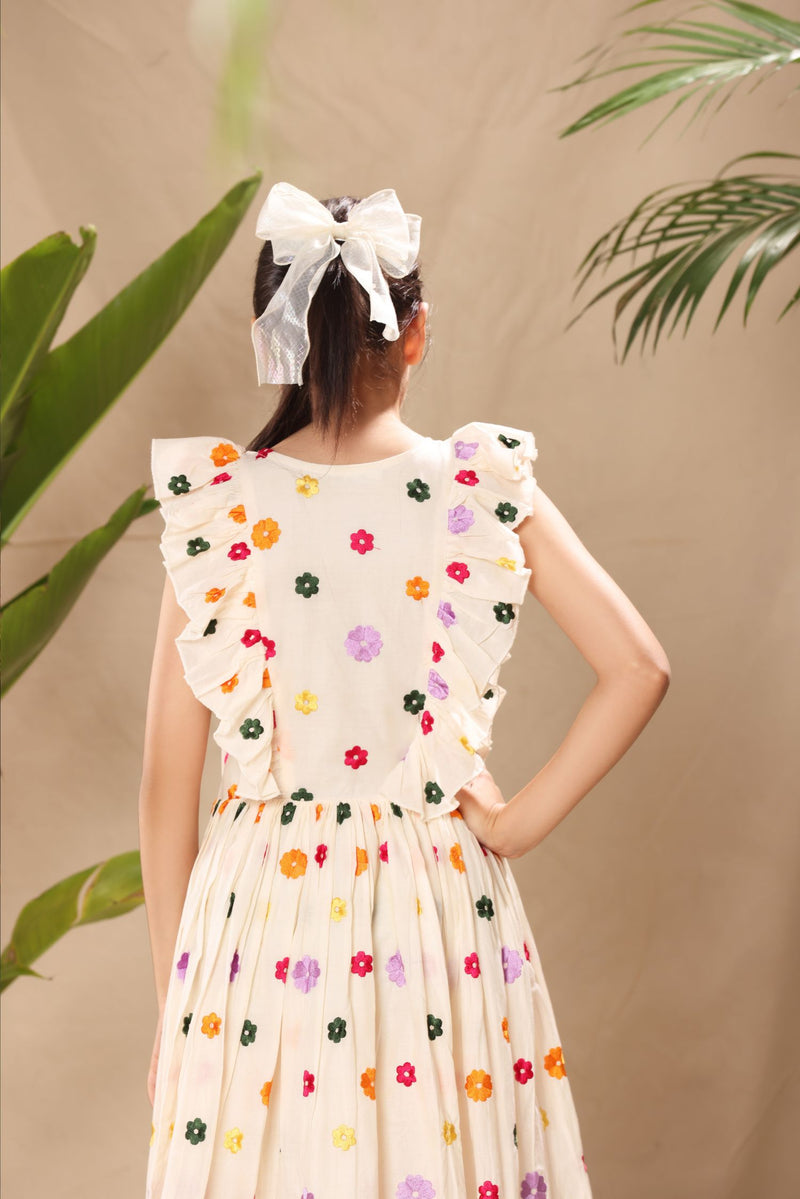 Off White Floral Embroidered Flutter Sleeve Side Placket Fit and Flare Dress