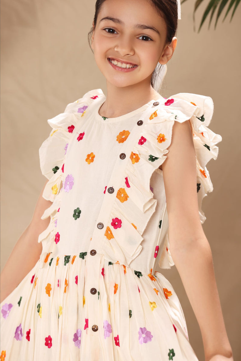 Off White Floral Embroidered Flutter Sleeve Side Placket Fit and Flare Dress