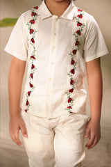 Off White Ladybug Embroidered Border Shirt with Embroidered Pant Co-ord Set