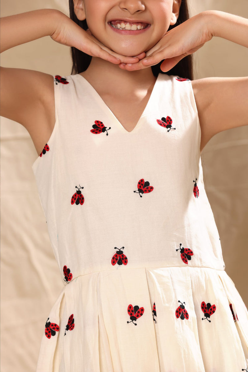 Off White Ladybug Embroidered Box Pleat Dress