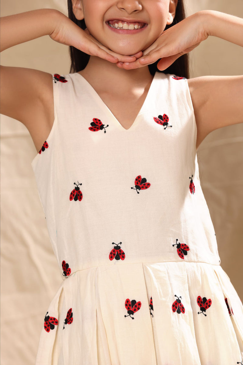 Off White Ladybug Embroidered Box Pleat Dress