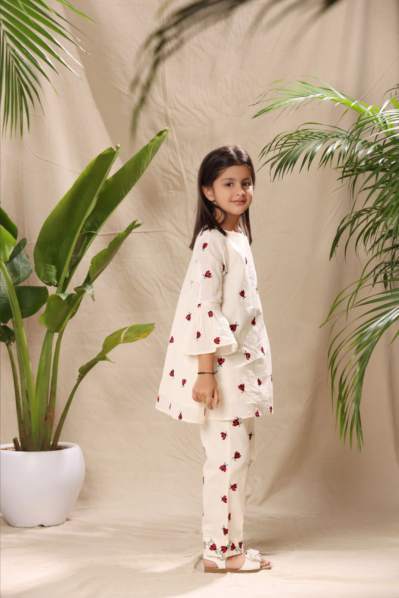 Off White Ladybug Tunic Top and Pant Co-ord Set