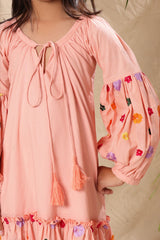 Pink A-Line Tier Attachment Dress with Lantern Sleeve Floral Embroidery