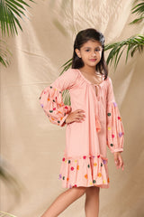 Pink A-Line Tier Attachment Dress with Lantern Sleeve Floral Embroidery
