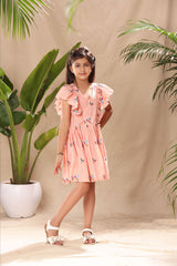 Pink Birds Embroidered Flutter Sleeves Fit and Flared Dress