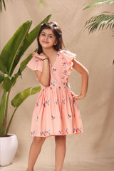 Pink Birds Embroidered Flutter Sleeves Fit and Flared Dress