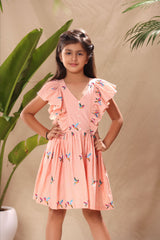 Pink Birds Embroidered Flutter Sleeves Fit and Flared Dress