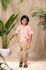 Pink Birds Embroidered No Collar Kurta Shirt