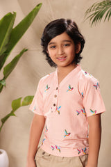 Pink Birds Embroidered No Collar Kurta Shirt