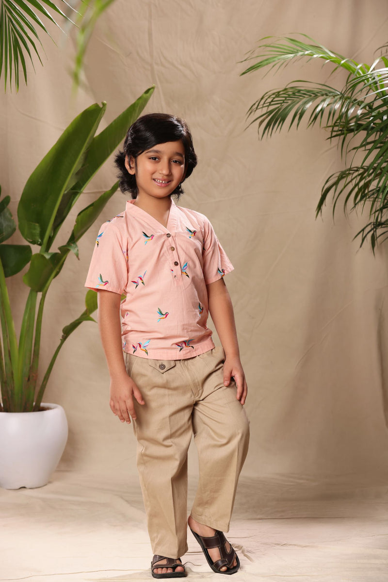 Pink Birds Embroidered No Collar Kurta Shirt