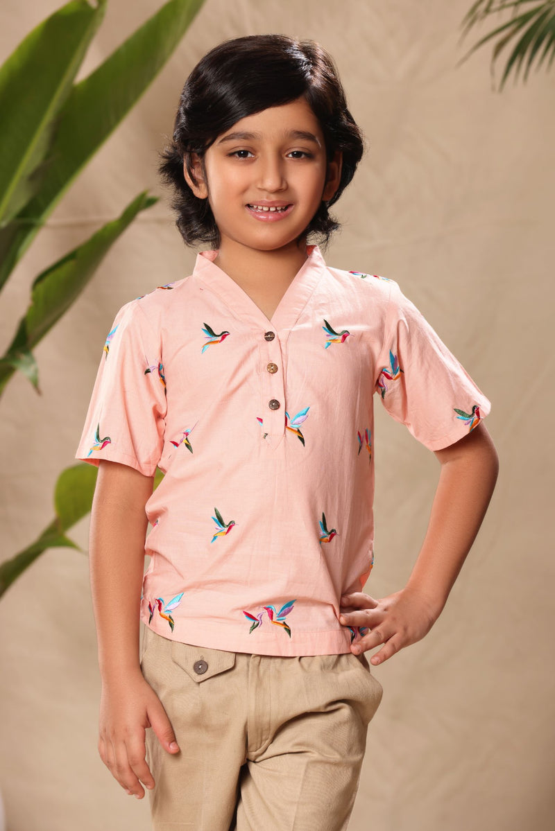 Pink Birds Embroidered No Collar Kurta Shirt