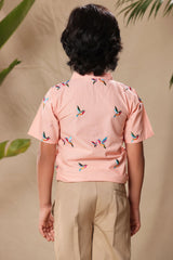 Pink Birds Embroidered No Collar Kurta Shirt