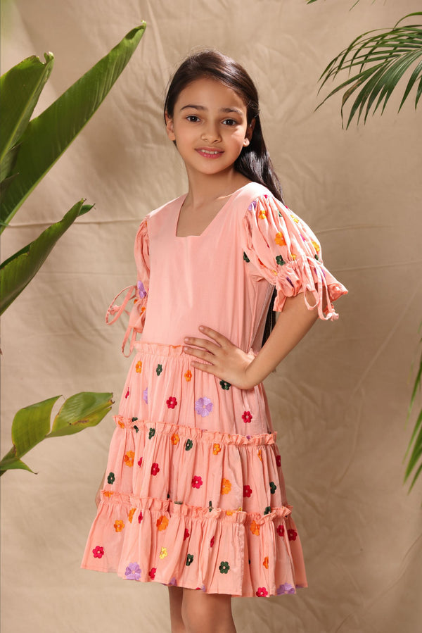 Pink Floral Embroidered Three Tiered Dress with Tie Up Baloon Sleeves
